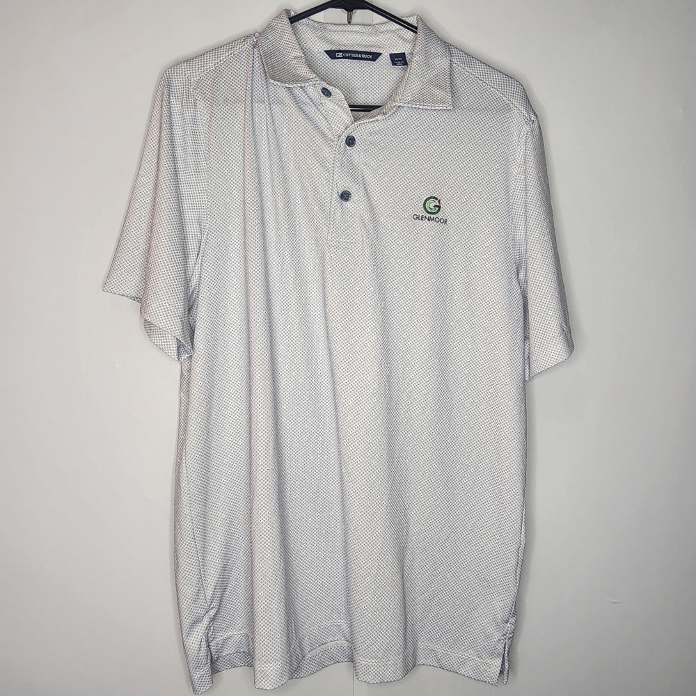 Cutter & Buck Men's White Pokadot Golf Polo with Glenmoor Logo, Medium